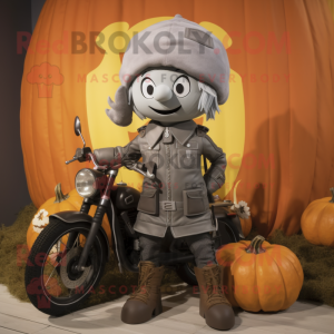 Gray Pumpkin mascot costume character dressed with a Moto Jacket and Berets