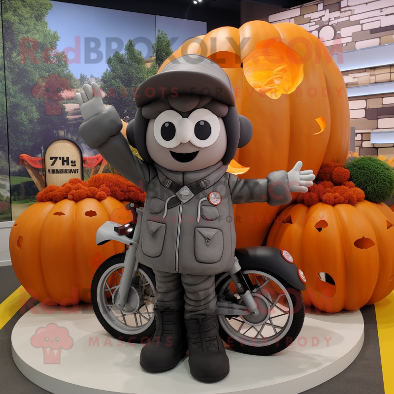 Gray Pumpkin mascot costume character dressed with a Moto Jacket and Berets