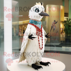 White Woodpecker mascot costume character dressed with a Wrap Dress and Necklaces