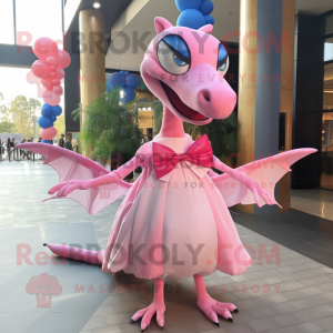 Pink Pterodactyl mascot costume character dressed with a Ball Gown and Bow ties