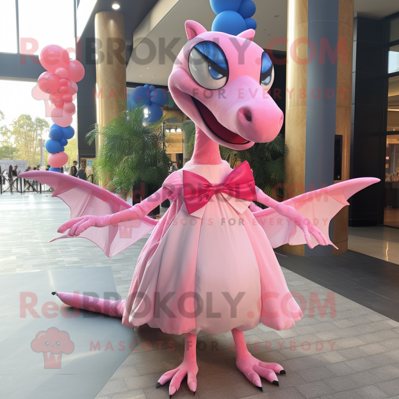 Pink Pterodactyl mascot costume character dressed with a Ball Gown and Bow ties Pink Pterodactyl mascot costume character dressed with a Ball Gown and Bow ties