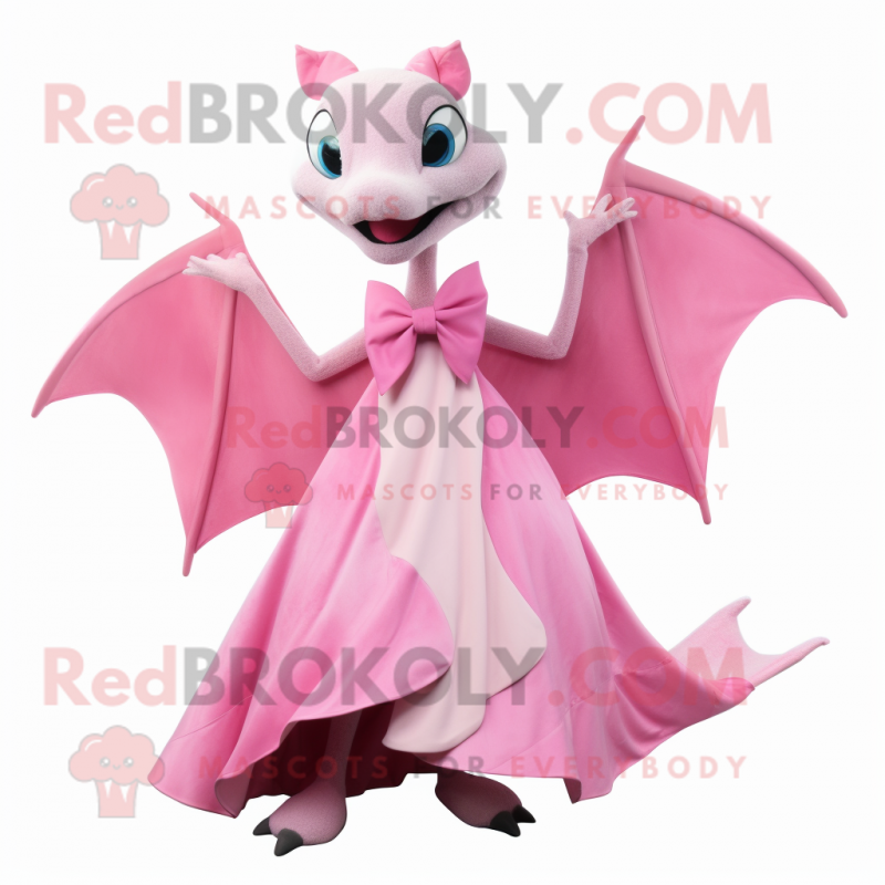 Pink Pterodactyl mascot costume character dressed with a Ball Gown and Bow ties Pink Pterodactyl mascot costume character dressed with a Ball Gown and Bow ties