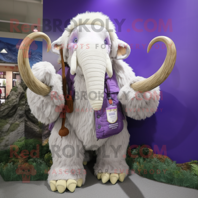 Lavender Mammoth mascot costume character dressed with a Parka and Keychains Lavender Mammoth mascot costume character dressed with a Parka and Keychains