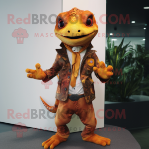Rust Geckos mascot costume character dressed with a Jacket and Earrings
