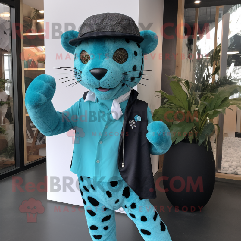 Cyan Leopard mascot costume character dressed with a Oxford Shirt and Caps Cyan Leopard mascot costume character dressed with a Oxford Shirt and Caps