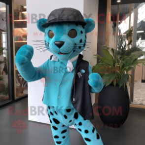 Cyan Leopard mascot costume character dressed with a Oxford Shirt and Caps