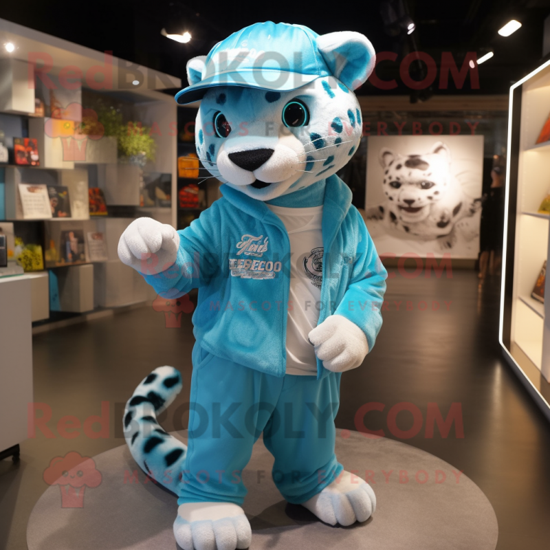 Cyan Leopard mascot costume character dressed with a Oxford Shirt and Caps Cyan Leopard mascot costume character dressed with a Oxford Shirt and Caps