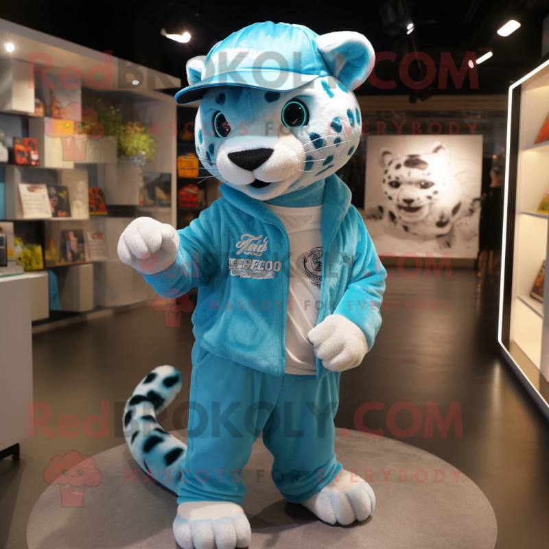 Cyan Leopard mascot costume character dressed with a Oxford Shirt and Caps