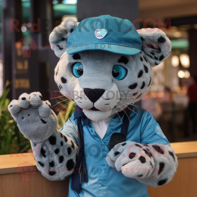 Cyan Leopard mascot costume character dressed with a Oxford Shirt and Caps Cyan Leopard mascot costume character dressed with a Oxford Shirt and Caps