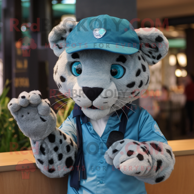 Cyan Leopard mascot costume character dressed with a Oxford Shirt and Caps