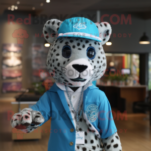 Cyan Leopard mascot costume character dressed with a Oxford Shirt and Caps