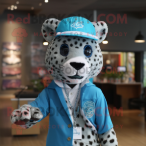 Cyan Leopard mascot costume character dressed with a Oxford Shirt and Caps
