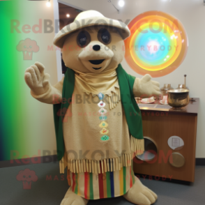Tan Pot Of Gold mascot costume character dressed with a Cardigan and Shawl pins