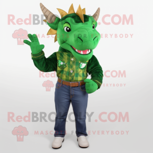 Forest Green Triceratops mascot costume character dressed with a Flare Jeans and Shoe clips