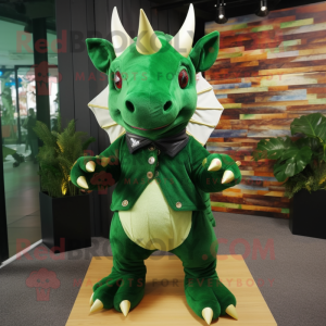 Forest Green Triceratops mascot costume character dressed with a Flare Jeans and Shoe clips