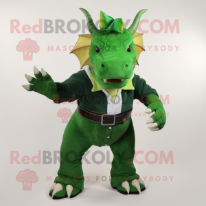 Forest Green Triceratops mascot costume character dressed with a Flare Jeans and Shoe clips