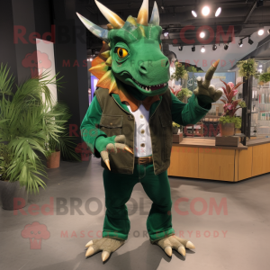 Forest Green Triceratops mascot costume character dressed with a Flare Jeans and Shoe clips