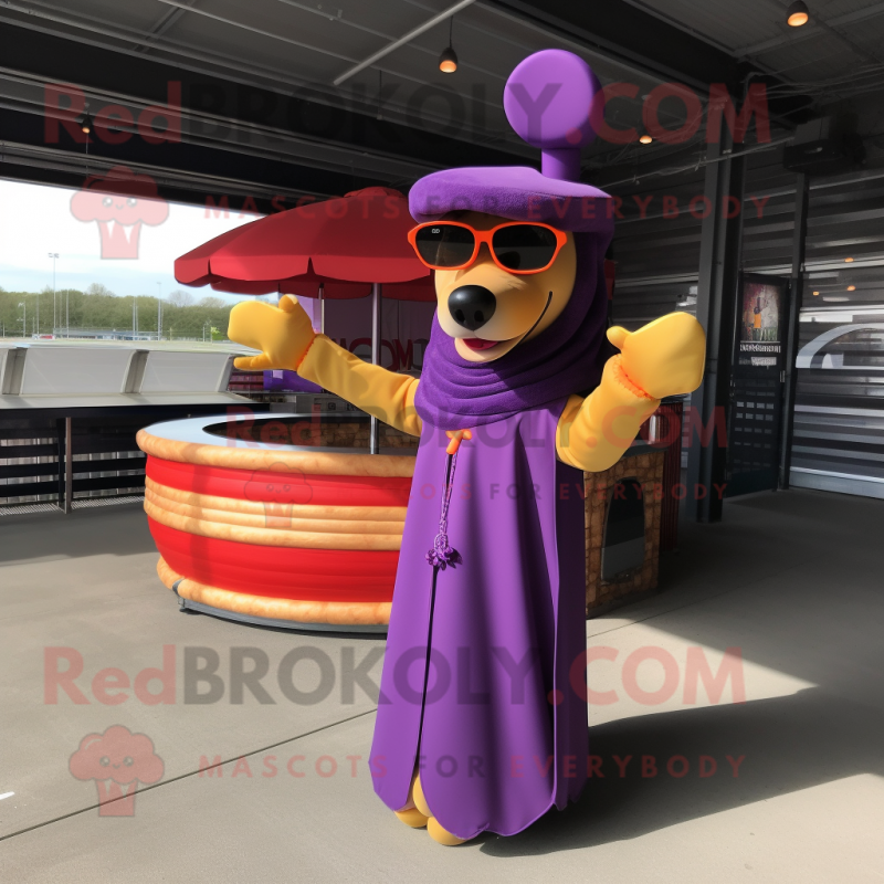 Purple Hot Dogs mascot costume character dressed with a Empire Waist Dress and Sunglasses