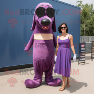 Purple Hot Dogs mascot costume character dressed with a Empire Waist Dress and Sunglasses