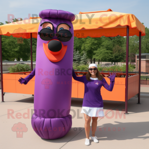 Purple Hot Dogs mascot costume character dressed with a Empire Waist Dress and Sunglasses