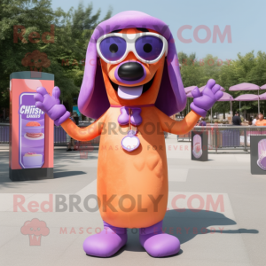 Purple Hot Dogs mascot costume character dressed with a Empire Waist Dress and Sunglasses