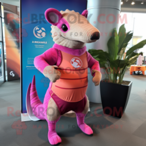 Pink Armadillo mascot costume character dressed with a One-Piece Swimsuit and Cufflinks