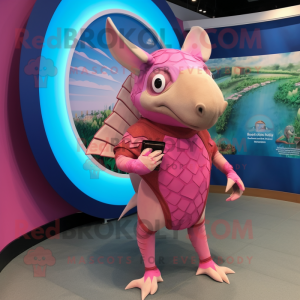 Pink Armadillo mascot costume character dressed with a One-Piece Swimsuit and Cufflinks
