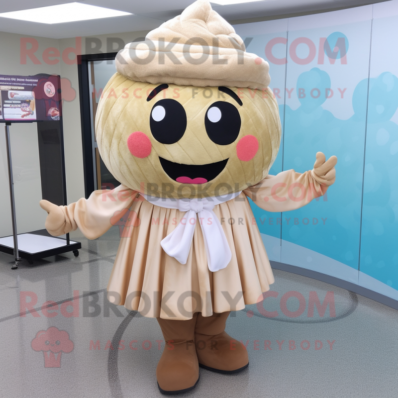 Tan Cupcake mascot costume character dressed with a Sheath Dress and Shoe laces