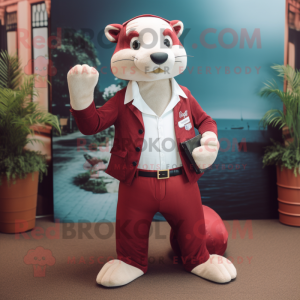 Maroon Weasel mascot costume character dressed with a Capri Pants and Ties