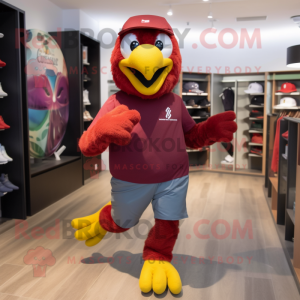 Maroon Parrot mascot costume character dressed with a Running Shorts and Caps