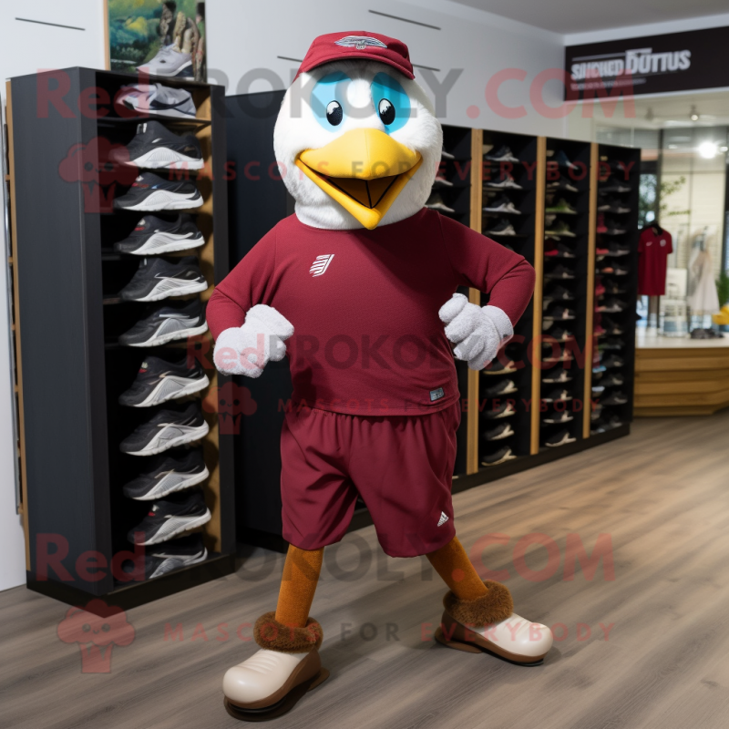 Maroon Parrot mascot costume character dressed with a Running Shorts and Caps