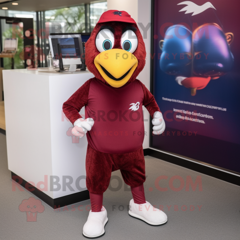 Maroon Parrot mascot costume character dressed with a Running Shorts and Caps