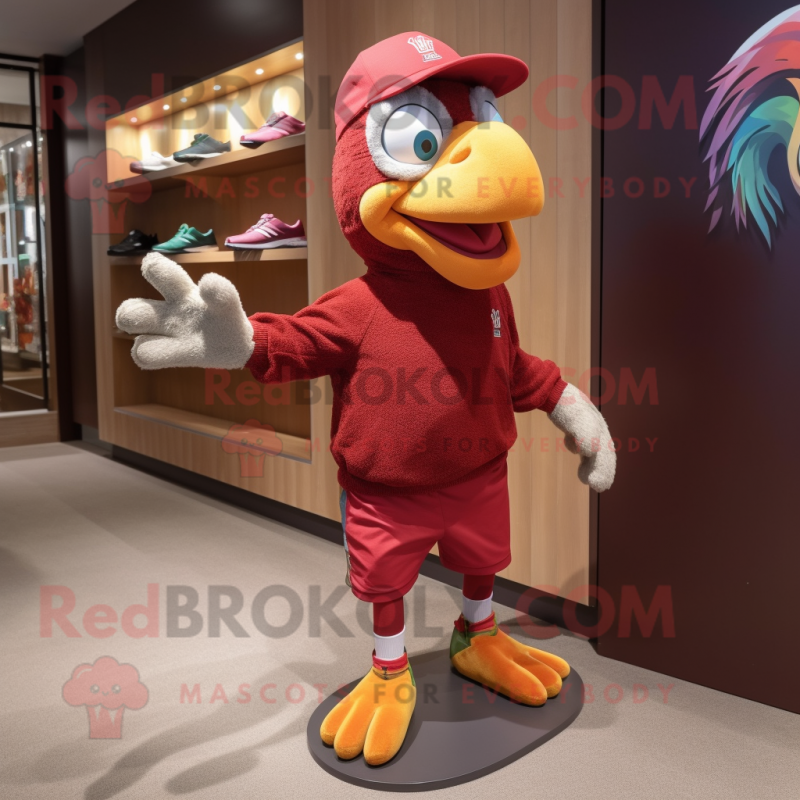 Maroon Parrot mascot costume character dressed with a Running Shorts and Caps Maroon Parrot mascot costume character dressed with a Running Shorts and Caps