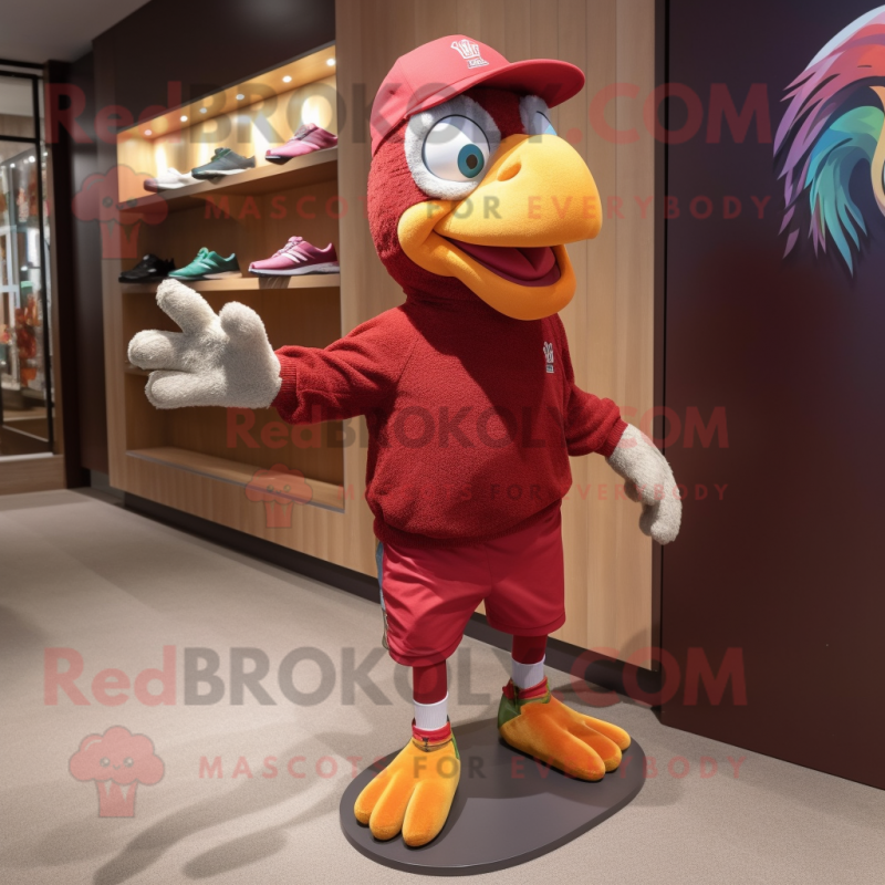 Maroon Parrot mascot costume character dressed with a Running Shorts and Caps