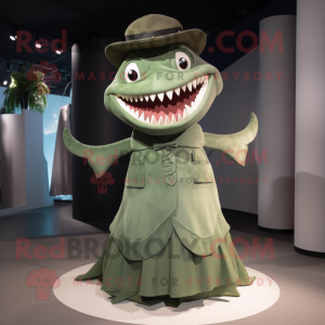 Olive Megalodon mascot costume character dressed with a Evening Gown and Caps