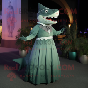 Olive Megalodon mascot costume character dressed with a Evening Gown and Caps