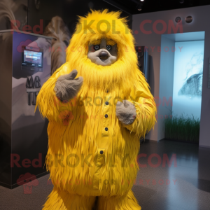 Lemon Yellow Yeti mascot costume character dressed with a Raincoat and Digital watches