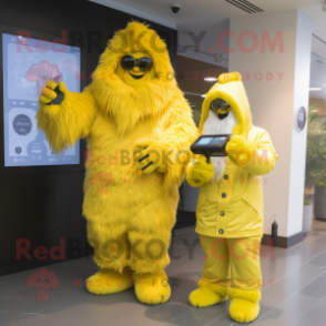 Lemon Yellow Yeti mascot costume character dressed with a Raincoat and Digital watches