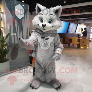 Gray Lynx mascot costume character dressed with a T-Shirt and Shawls