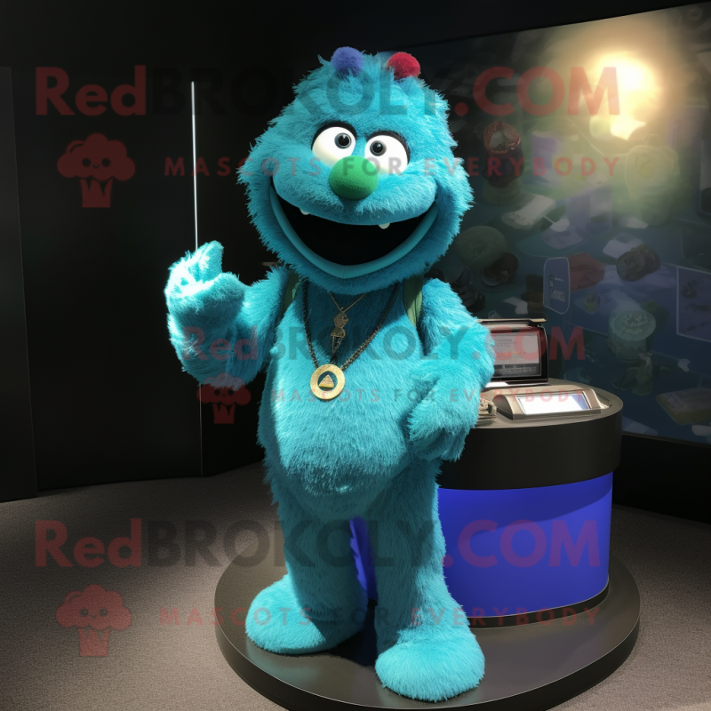 Cyan Bracelet mascot costume character dressed with a Henley Tee and Clutch bags Cyan Bracelet mascot costume character dressed with a Henley Tee and Clutch bags