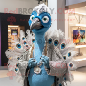 Silver Peacock mascot costume character dressed with a Chambray Shirt and Rings
