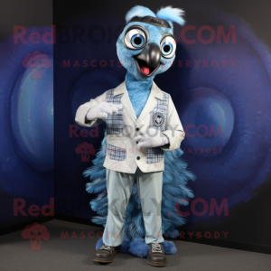 Silver Peacock mascot costume character dressed with a Chambray Shirt and Rings