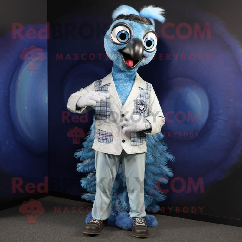 Silver Peacock mascot costume character dressed with a Chambray Shirt and Rings Silver Peacock mascot costume character dressed with a Chambray Shirt and Rings