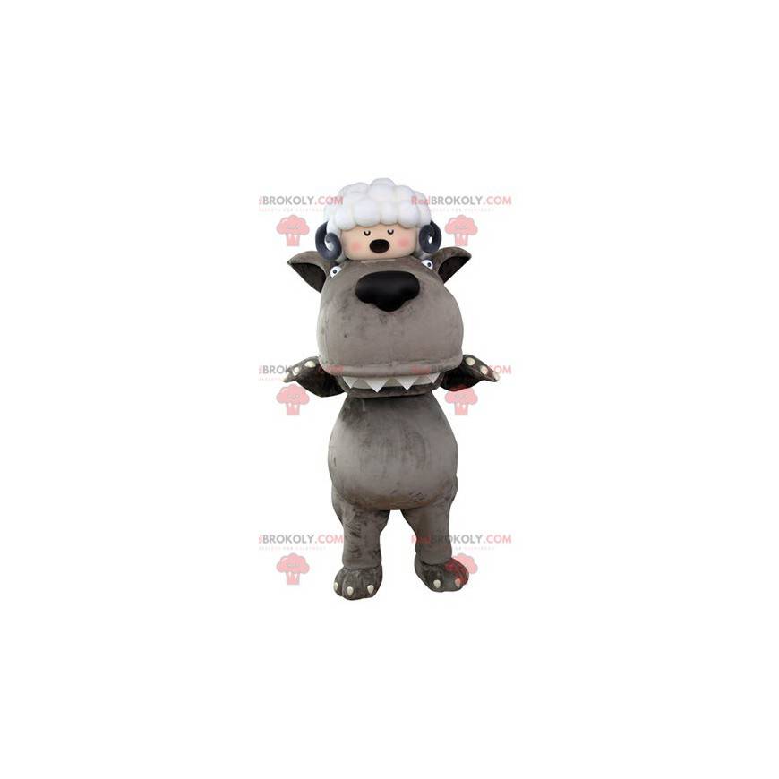 Grå vargmaskot med ett får på huvudet - Redbrokoly.com