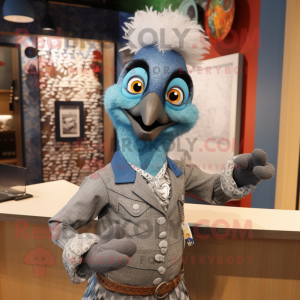 Silver Peacock mascot costume character dressed with a Chambray Shirt and Rings