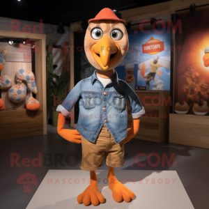 Orange Turkey mascot costume character dressed with a Chambray Shirt and Belts