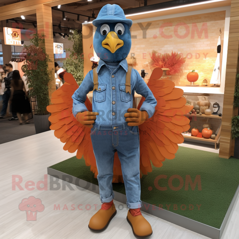 Orange Turkey mascot costume character dressed with a Chambray Shirt and Belts Orange Turkey mascot costume character dressed with a Chambray Shirt and Belts