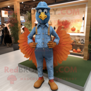 Orange Turkey mascot costume character dressed with a Chambray Shirt and Belts