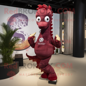Maroon Seahorse mascot costume character dressed with a Yoga Pants and Ties