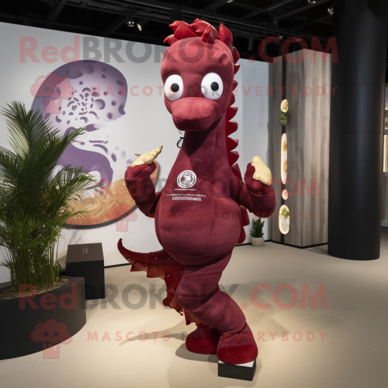 Maroon Seahorse mascot costume character dressed with a Yoga Pants and Ties Maroon Seahorse mascot costume character dressed with a Yoga Pants and Ties